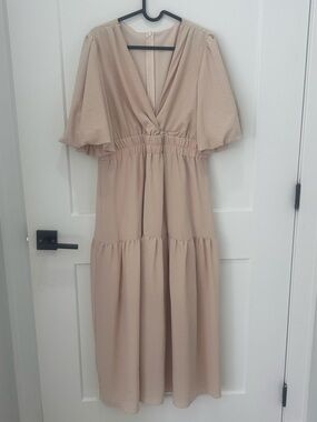 Neutral V-Neck Tiered Midi Dress - Beige - Maternity